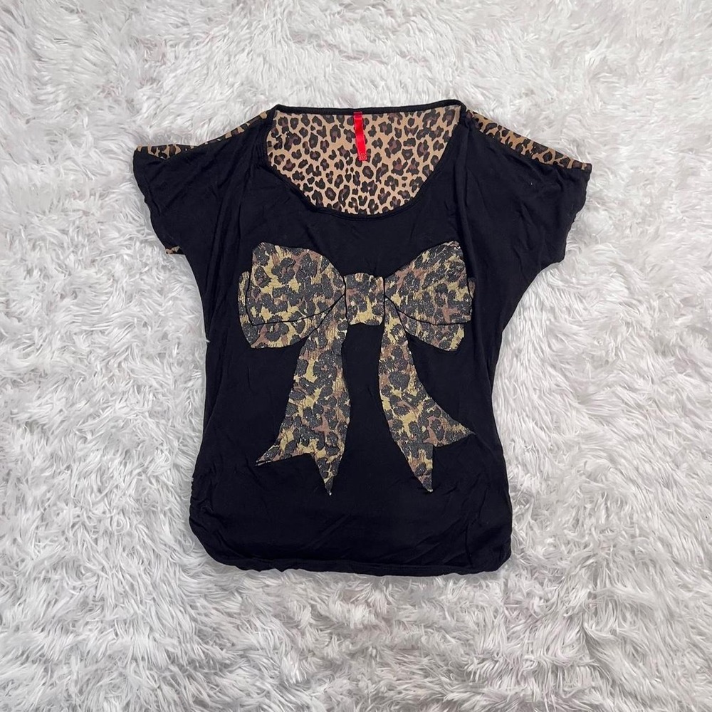 y2k black & brown cheetah print bow mesh top small